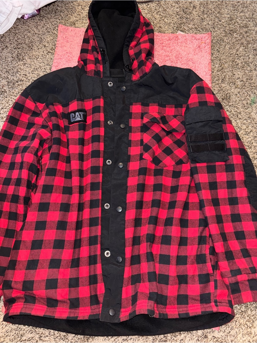 CAT Red & Black Plaid Lightweight Hooded Shirt Jacket